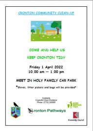 Poster about Cronton Clean-up Day Friday 1st April 10am-1pm